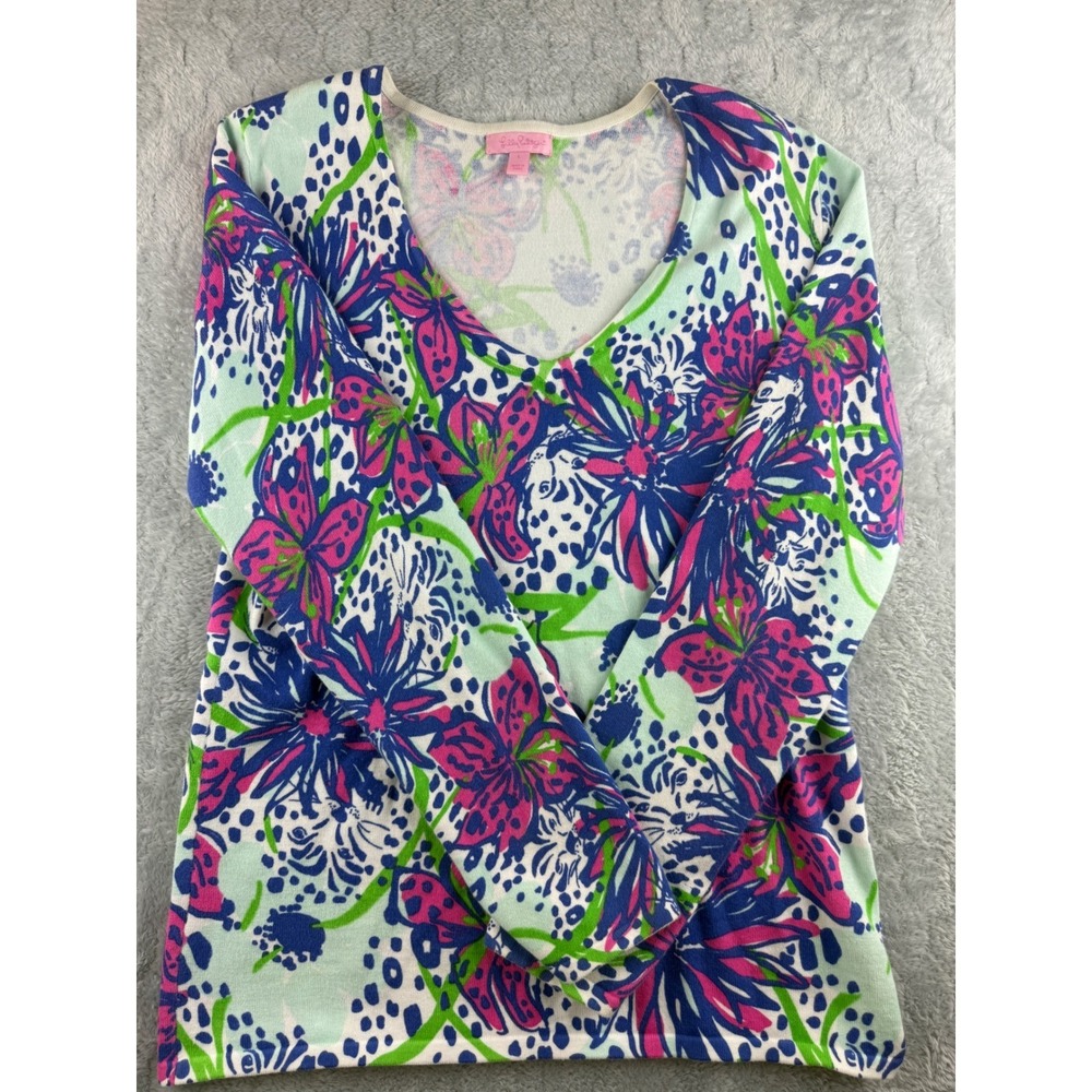 Lilly Pulitzer Womens V Neck Long Sleeve Sweater Top Bright Floral Print Size L